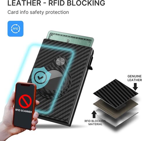 حامل بطاقات المحفظة الذكية للرجال لـ AirTag: جلد، متوافق مع Apple Air Tag، حجب RFID، رفيع، ألياف الكربون، الحد الأدنى - سعة البطاقة 9-14 | نافذة الهوية | فتحة النقدية (أسود) in Saudi Arabia