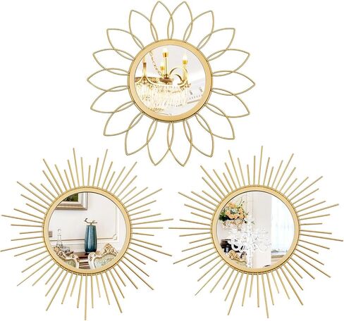 3 Pack Metal Mirrors for Wall Sunburst Wall Mirrors Home Décor Decorative Hanging Wall Art for Living Room Bedroom Entryway (Gold, Flower+Sunburst) in Kuwait