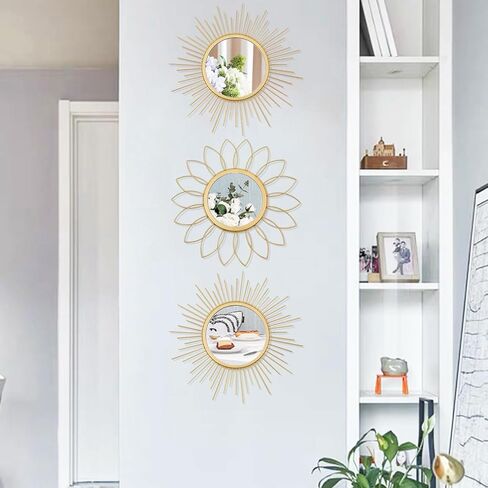 3 Pack Metal Mirrors for Wall Sunburst Wall Mirrors Home Décor Decorative Hanging Wall Art for Living Room Bedroom Entryway (Gold, Flower+Sunburst) in Kuwait