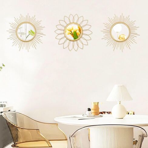 3 Pack Metal Mirrors for Wall Sunburst Wall Mirrors Home Décor Decorative Hanging Wall Art for Living Room Bedroom Entryway (Gold, Flower+Sunburst) in Kuwait