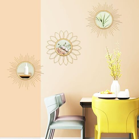 3 Pack Metal Mirrors for Wall Sunburst Wall Mirrors Home Décor Decorative Hanging Wall Art for Living Room Bedroom Entryway (Gold, Flower+Sunburst) in Kuwait