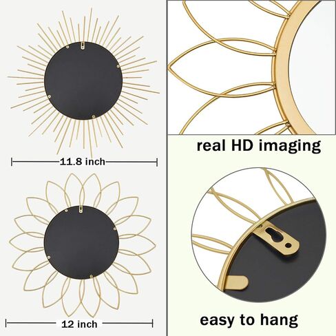 3 Pack Metal Mirrors for Wall Sunburst Wall Mirrors Home Décor Decorative Hanging Wall Art for Living Room Bedroom Entryway (Gold, Flower+Sunburst) in Kuwait