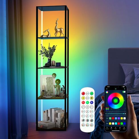 رف زاوية 5 طبقات مع ضوء LED، رف عرض طويل 63.78 بوصة للمقتنيات، مصباح أرضي زاوية LED مع تطبيق وجهاز تحكم عن بعد لغرفة المعيشة وغرفة النوم in Saudi Arabia