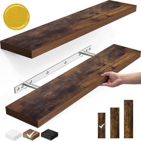 BAYKA Floating Shelves, 22.5" Wall Mounted Wood Shelves for Bathroom, Bedroom, Living Room, Kitchen, Hanging Shelf for Books/Storage/Decor with 22lbs Capacity (Rustic Brown,Set of 2) in Saudi Arabia