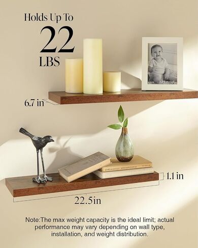 BAYKA Floating Shelves, 22.5" Wall Mounted Wood Shelves for Bathroom, Bedroom, Living Room, Kitchen, Hanging Shelf for Books/Storage/Decor with 22lbs Capacity (Rustic Brown,Set of 2) in Saudi Arabia