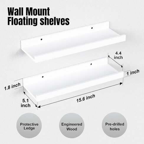 Floating Shelves Wall Mounted Set of 2, Modern White Shelves for Bedroom, Nursery Shelves with Lip, Display Picture Ledge Shelf for Wall Decor Living Room Bathroom Kitchen - White in Saudi Arabia