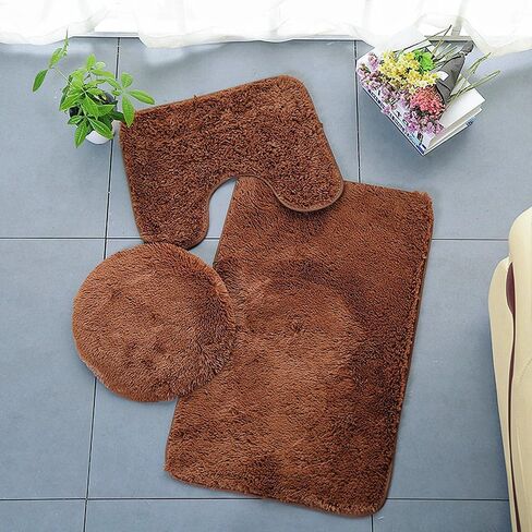 Soft Bathroom Carpet 3 Piece Bathroom Rugs and Mats Sets Non-Slip Mat Set Toilet Mat Set Bath Mats Set 3 Piece Set,with U-Shaped Toilet Floor Mat Non Slip Rugs andToilet Lid Cover Mat (Black) in Kuwait