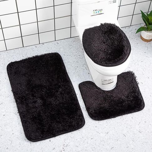 Soft Bathroom Carpet 3 Piece Bathroom Rugs and Mats Sets Non-Slip Mat Set Toilet Mat Set Bath Mats Set 3 Piece Set,with U-Shaped Toilet Floor Mat Non Slip Rugs andToilet Lid Cover Mat (Black) in Kuwait