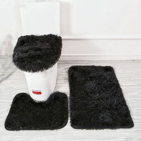Soft Bathroom Carpet 3 Piece Bathroom Rugs and Mats Sets Non-Slip Mat Set Toilet Mat Set Bath Mats Set 3 Piece Set,with U-Shaped Toilet Floor Mat Non Slip Rugs andToilet Lid Cover Mat (Black) in Kuwait