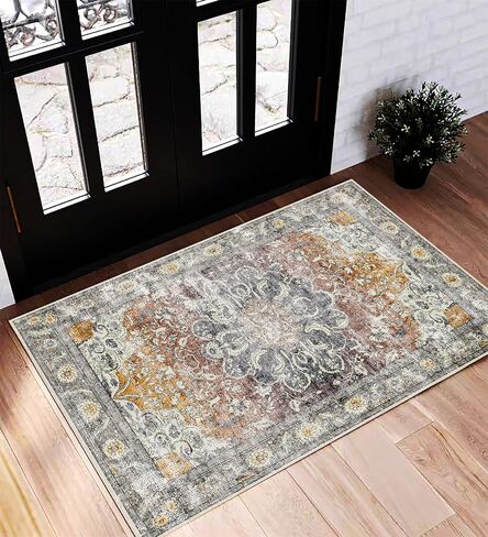 Area Rug 6x9 Washable Rug Gray Vintage Rug Traditional Floor Cover Thin Rug Retro Kitchen Indoor Distressed Non Slip Carpet Floral Print Mat Living Room Bedroom Dining Room in Saudi Arabia
