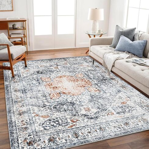 Area Rug 6x9 Washable Rug Gray Vintage Rug Traditional Floor Cover Thin Rug Retro Kitchen Indoor Distressed Non Slip Carpet Floral Print Mat Living Room Bedroom Dining Room in Saudi Arabia