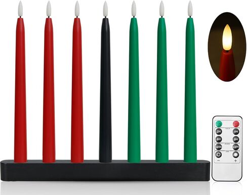 Kwanzaa Kinara Candle Holder Set with Flameless Battery Powered Electric Candles, Flameless Kwanzaa Candles - Set of 7 Tapers (Battery Operated) Mishumaa Saba, Realistic 3D Flames, Remote Control in Saudi Arabia