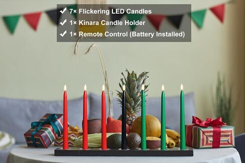 Kwanzaa Kinara Candle Holder Set with Flameless Battery Powered Electric Candles, Flameless Kwanzaa Candles - Set of 7 Tapers (Battery Operated) Mishumaa Saba, Realistic 3D Flames, Remote Control in Saudi Arabia