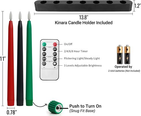 Kwanzaa Kinara Candle Holder Set with Flameless Battery Powered Electric Candles, Flameless Kwanzaa Candles - Set of 7 Tapers (Battery Operated) Mishumaa Saba, Realistic 3D Flames, Remote Control in Saudi Arabia
