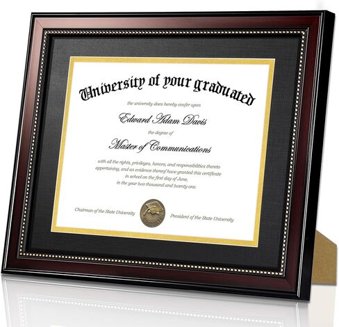 upsimples 11x14 Diploma Frame with High Definition Glass, Display 8.5x11 Certificate with Black over Gold Mat, Degree Document Frame for Wall and Tabletop, Mahogany with Gold Beads, 1 Pack in Kuwait