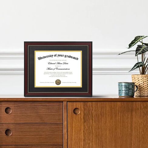 upsimples 11x14 Diploma Frame with High Definition Glass, Display 8.5x11 Certificate with Black over Gold Mat, Degree Document Frame for Wall and Tabletop, Mahogany with Gold Beads, 1 Pack in Kuwait