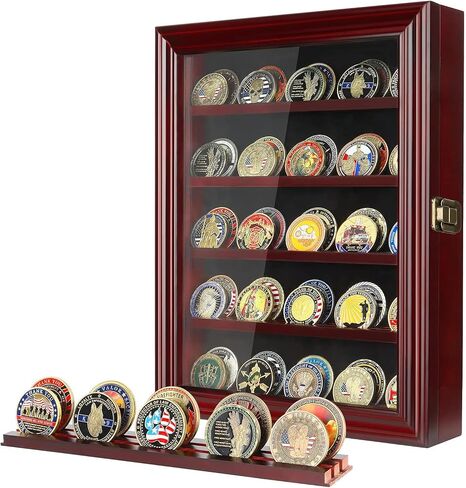 Military Challenge Coin Display Case Holder with HD Toughened Glass and Wall Mount, Wooden Coin Stand Rack with Removable 2 Grooves Shelves, Mahogany Finish… in Saudi Arabia