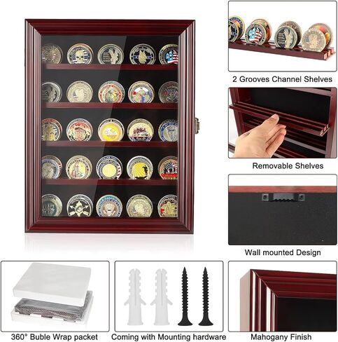 Military Challenge Coin Display Case Holder with HD Toughened Glass and Wall Mount, Wooden Coin Stand Rack with Removable 2 Grooves Shelves, Mahogany Finish… in Saudi Arabia