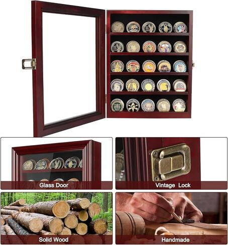 Military Challenge Coin Display Case Holder with HD Toughened Glass and Wall Mount, Wooden Coin Stand Rack with Removable 2 Grooves Shelves, Mahogany Finish… in Saudi Arabia