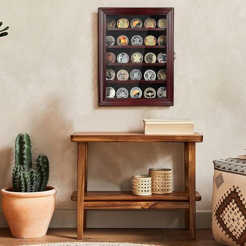 Military Challenge Coin Display Case Holder with HD Toughened Glass and Wall Mount, Wooden Coin Stand Rack with Removable 2 Grooves Shelves, Mahogany Finish… in Saudi Arabia