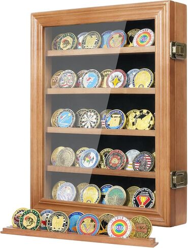 Military Challenge Coin Display Case Holder with HD Toughened Glass and Wall Mount, Wooden Coin Stand Rack with Removable 2 Grooves Shelves, Mahogany Finish… in Saudi Arabia