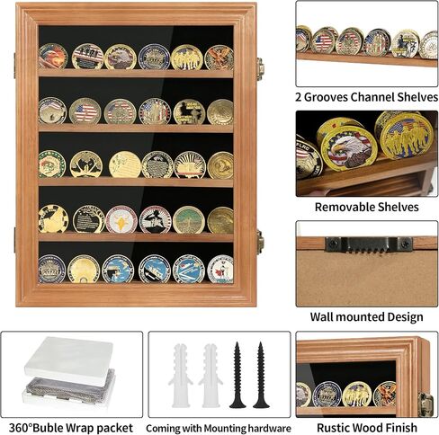 Military Challenge Coin Display Case Holder with HD Toughened Glass and Wall Mount, Wooden Coin Stand Rack with Removable 2 Grooves Shelves, Mahogany Finish… in Saudi Arabia