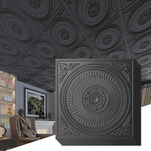 Art3d 12-حزمة بلاط السقف قطرة 2x2 قدم، ديكور سهل التركيب لوحات السقف البلاستيكية للمطبخ الداخلي الحمام الطابق السفلي، 24x24 بوصة، أسود in Saudi Arabia