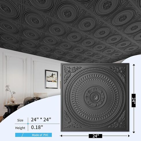 Art3d 12-حزمة بلاط السقف قطرة 2x2 قدم، ديكور سهل التركيب لوحات السقف البلاستيكية للمطبخ الداخلي الحمام الطابق السفلي، 24x24 بوصة، أسود in Saudi Arabia