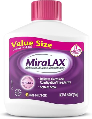 MiraLAX Gentle Constipation Relief Laxative Powder, Stool Softener with PEG 3350, Works Naturally with Water in Your Body, No Harsh Side Effects, Osmotic Laxative, 45 Dose in Saudi Arabia