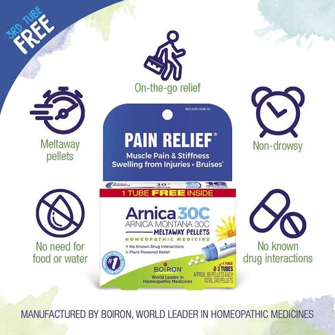 Boiron Arnica Montana 30C Homeopathic Medicine for Relief from Muscle Pain, Muscle Stiffness, Swelling from Injury, and Discoloration from Bruises - 3 Count (240 Pellets) in Saudi Arabia