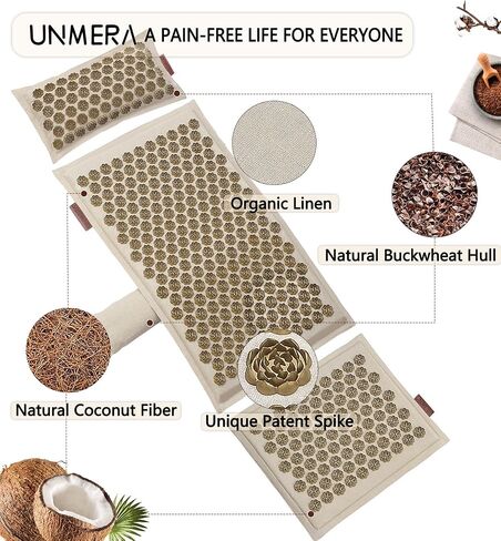 Acupressure Mat and Pillow Set,Natural Eco Linen & Coconut Fiber Filling,FSA/HSA Eligible,for Back/Neck Pain Relief, Sciatic, Headache and Muscle Relaxation, Comes with Carrying Bag in Kuwait