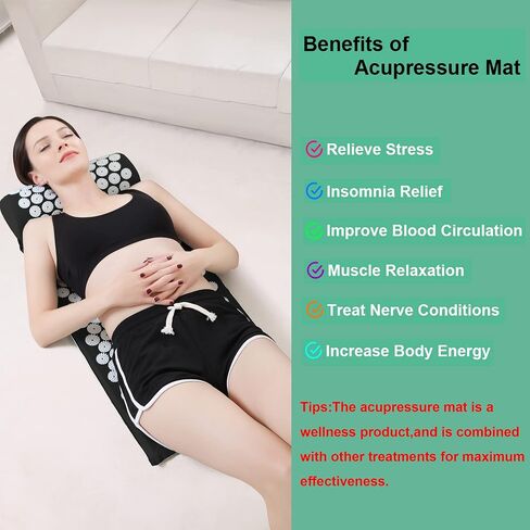 XiaoMaGe Acupressure Mat and Pillow Set with Bag - Large Size 28.7 X 16.5 inch Acupuncture Mat for Neck & Back Pain, Muscle Relaxation Stress Relief, Sciatica Pain Relief Pillow (Black) in Saudi Arabia