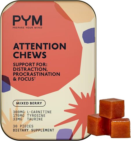 PYM Attention Chews Support for Procrastination, Focus & Productivity, 20 Count - 518mg L-Carnitine, 54mg Tyrosine, 11mg L-Taurine - Caffeine-Free, All-Natural Mood Boost Supplement Made in USA! in Saudi Arabia