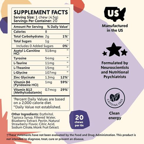 PYM Attention Chews Support for Procrastination, Focus & Productivity, 20 Count - 518mg L-Carnitine, 54mg Tyrosine, 11mg L-Taurine - Caffeine-Free, All-Natural Mood Boost Supplement Made in USA! in Saudi Arabia