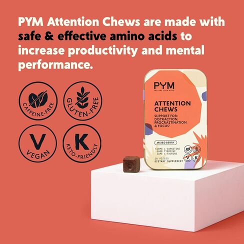 PYM Attention Chews Support for Procrastination, Focus & Productivity, 20 Count - 518mg L-Carnitine, 54mg Tyrosine, 11mg L-Taurine - Caffeine-Free, All-Natural Mood Boost Supplement Made in USA! in Saudi Arabia