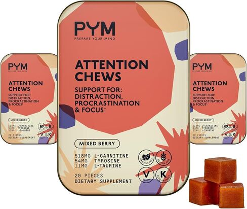 PYM Attention Chews Support for Procrastination, Focus & Productivity, 20 Count - 518mg L-Carnitine, 54mg Tyrosine, 11mg L-Taurine - Caffeine-Free, All-Natural Mood Boost Supplement Made in USA! in Saudi Arabia