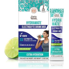 GuruNanda Hydramate Hydration Support Drink Mix - Electrolyte Powder Packets for Dehydration, Exercise & Energy - No Added Sweeteners, Non-GMO, Natural Lemon Lime Flavor - 48 Count (0.56 oz each)