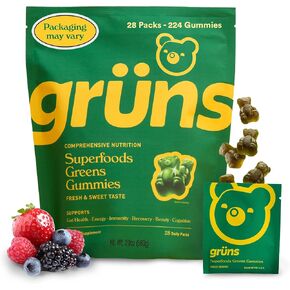 Gruns Daily Gummies, Super Greens Gummies - Organic Spirulina and Chlorella, Prebiotics for Digestive & Gut Health - Greens Superfood, Multi-Vitamins & Minerals - 224 Gummy Bear