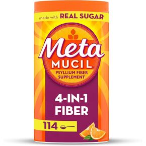 Metamucil 4-in-1 Fiber Supplement for Digestive Health, Psyllium Husk Fiber Powder, Fiber Supplement with Real Sugar, Orange Flavored, 114 tablespoons