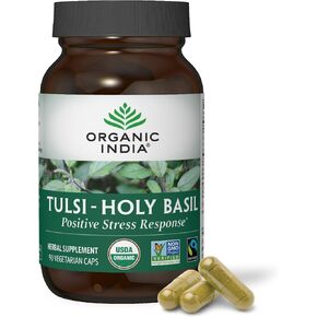 Organic India Tulsi Holy Basil Capsules - Holy Basil Extract - Holy Basil Leaf Supplement, Herbal Supplement, Immune Support, Stress Relief, Vegan, Gluten-Free, Kosher, Organic, Non-GMO - 180 Capsules in Kuwait