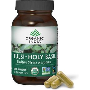 Organic India Tulsi Holy Basil Capsules - Holy Basil Extract - Holy Basil Leaf Supplement, Herbal Supplement, Immune Support, Stress Relief, Vegan, Gluten-Free, Kosher, Organic, Non-GMO - 180 Capsules