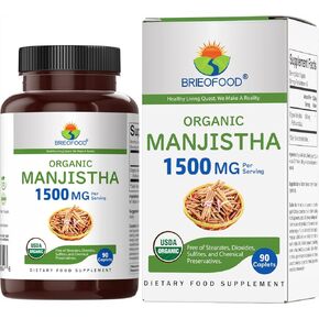 Brieofood Organic Manjistha 1500mg، 45 وجبة، نباتي، خالي من الغلوتين، 90 قرص نباتي