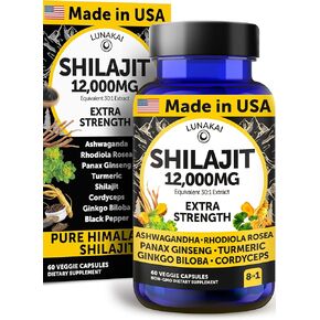 Lunakai USA Made Pure Shilajit Capsules 12000mg with Ashwagandha, Rhodiola & Cordyceps - Extra Strength Shilajit Extract for Men & Women, 60ct