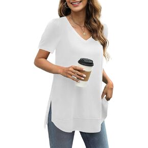 JomeDesign Summer Tops for Women Short Sleeve V Neck Shirts Side Split Loose Casual Tunic Tops