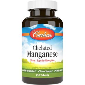 Carlson - Chelated Manganese, 20 mg - Superior Absorption, Healthy Metabolism, Bone Support & Brain Health, 250 Tablets