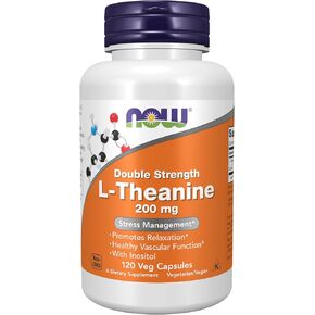 NOW Foods L-Theanine, Double Strength 200 mg Per Cap - 180 Veg Capsules - Enhanced with 100mg Inositol - Vegetarian, Non-GMO - Ltheanine 200mg Supplement