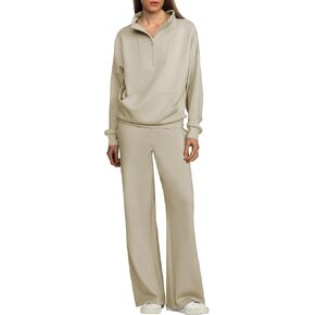 ANRABESS Women 2 Piece Outfits Sweatsuit Quarter Zip Sweatshirt Wide Leg Sweatpants Matching Lounge Set Travel Tracksuit
