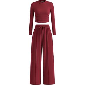 PRETTYGARDEN Women's 2 Piece Loungewear Long Sleeve Crop Top Wide Leg Palazzo Pants Set Tracksuits Casual Outfit