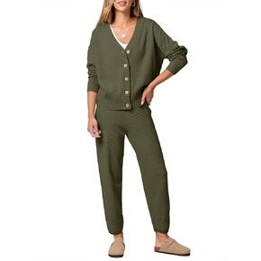 ANRABESS Women 2 Piece Outfits Waffle Knit Long Sleeve Cardigan Set Casual Sweater Pants Lounge Sets 2024 Fall Clothes
