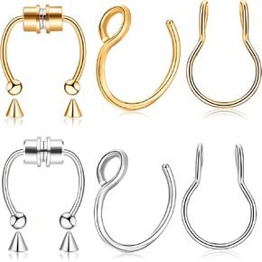 6 Pieces Nose Rings Fake Nose Ring Magnetic Septum Fake Nose Ring Fake Nose Ring Hoop Stainless Steel Inlaid Jewelry Horseshoe Faux Clip Nose Ring on Non-Pierced Nose Ring for Women Men